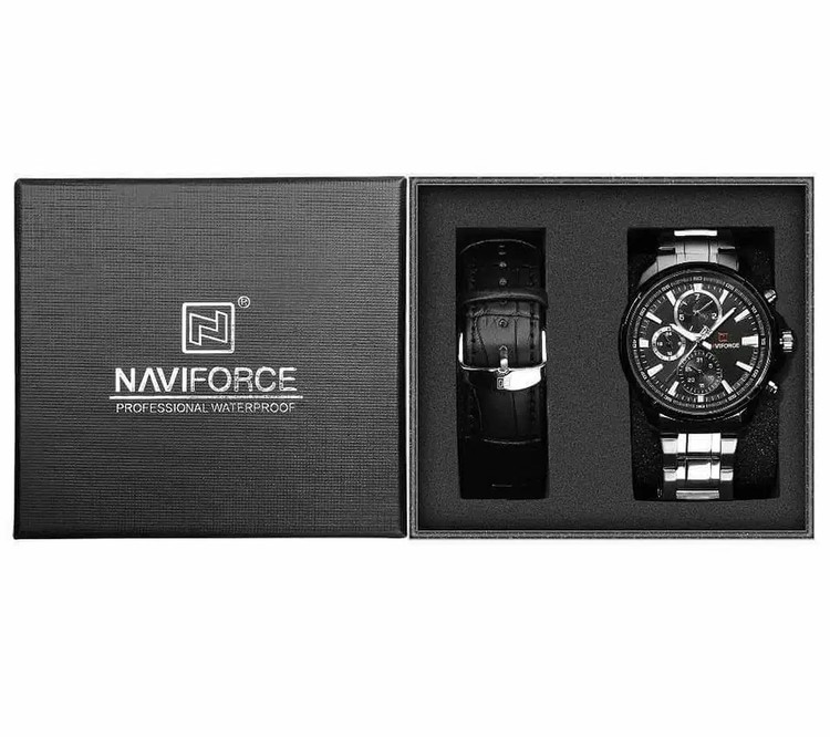 ساعت مچی مردانه ناوی فورس دو بند اورجینال بند نقره ای صفحه مشکی (Naviforce NF9089)
