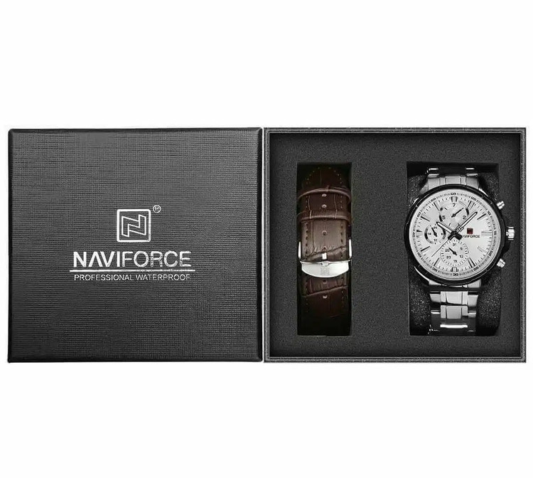 ساعت مچی مردانه ناوی فورس دو بند اورجینال بند نقره ای صفحه نقره ای (Naviforce NF9089)